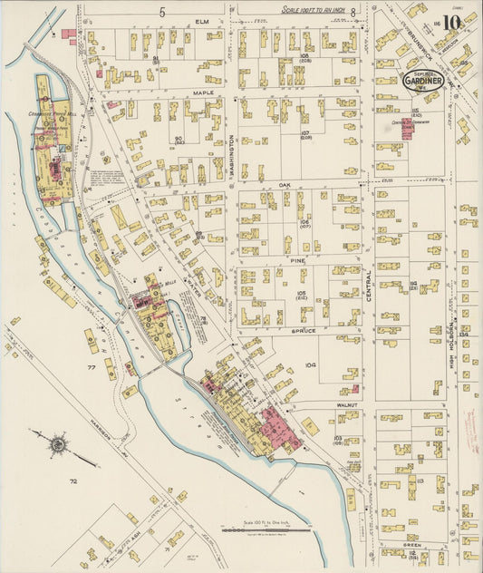 Sanborn Fire Insurance Map from Gardiner, Kennebec County, Maine (1922), Sheet #0010 - Historic Sanborn Fire Insurance Map Print, vintage old map wall art, antique decor, genealogy gift, Maine Maine map