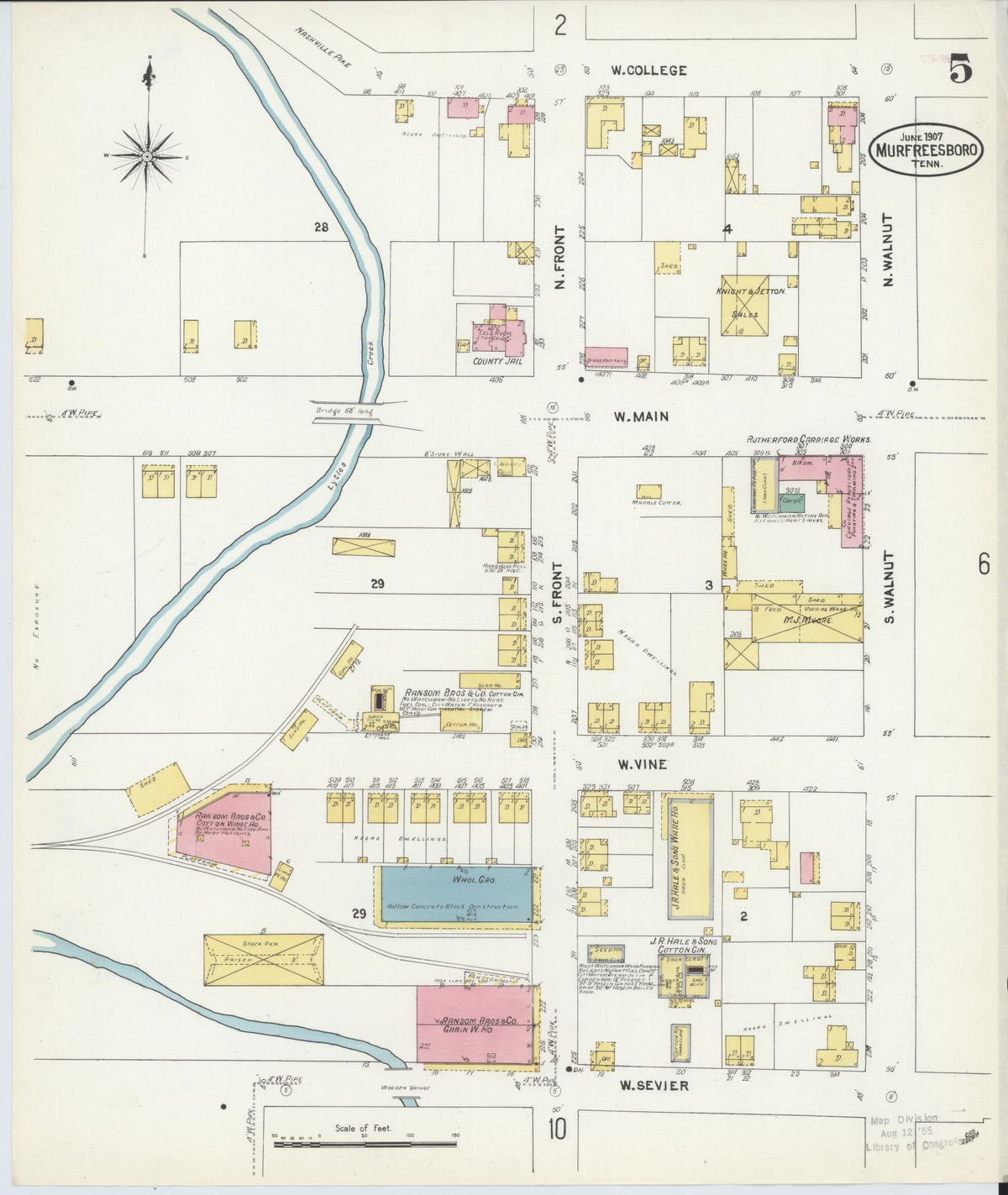 Sanborn Fire Insurance Map from Murfreesboro, Rutherford County, Tennessee (1907), Sheet #0005 - Complete Map Set gallery image, historic Sanborn map, vintage wall art, Tennessee Tennessee