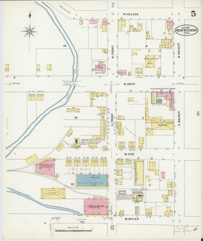 Sanborn Fire Insurance Map from Murfreesboro, Rutherford County, Tennessee (1907), Sheet #0005 - Complete Map Set gallery image, historic Sanborn map, vintage wall art, Tennessee Tennessee