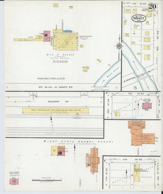 Sanborn Fire Insurance Map from Minot, Ward County, North Dakota (1918), Sheet #0020 - Historic Sanborn Fire Insurance Map Print, vintage old map wall art, antique decor, genealogy gift, North Dakota North Dakota map
