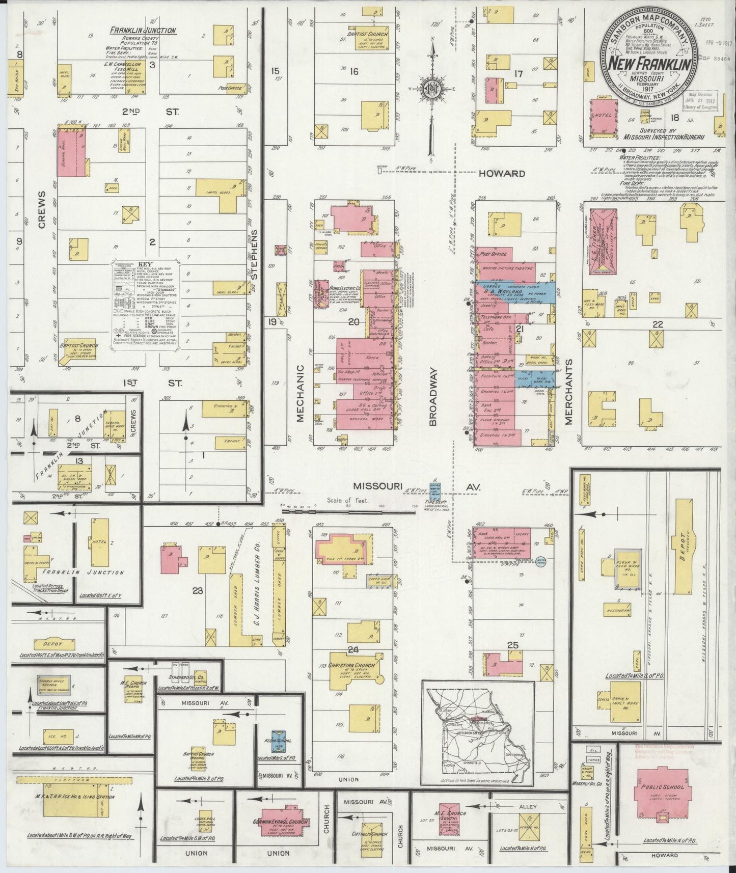 Sanborn Fire Insurance Map from New Franklin, Howard County, Missouri (1917), Sheet #0001 - Historic Sanborn Fire Insurance Map Print, vintage old map wall art, antique decor, genealogy gift, Missouri Missouri map
