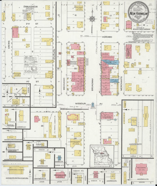 Sanborn Fire Insurance Map from New Franklin, Howard County, Missouri (1917), Sheet #0001 - Historic Sanborn Fire Insurance Map Print, vintage old map wall art, antique decor, genealogy gift, Missouri Missouri map