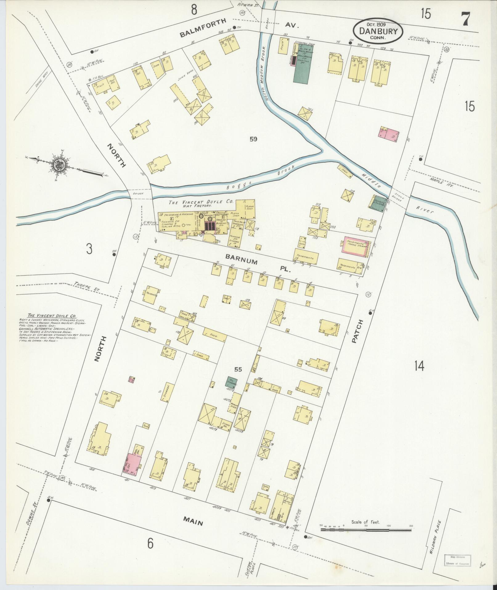Sanborn Fire Insurance Map from Danbury, Fairfield County, Connecticut (1909), Sheet #0007 - Complete Map Set gallery image, historic Sanborn map, vintage wall art, Connecticut Connecticut