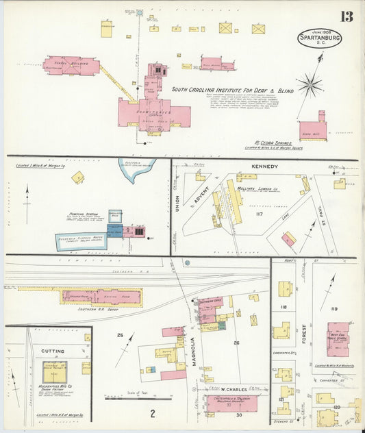 Sanborn Fire Insurance Map from Spartanburg, Spartanburg County, South Carolina (1908), Sheet #0013 - Historic Sanborn Fire Insurance Map Print, vintage old map wall art, antique decor, genealogy gift, South Carolina South Carolina map