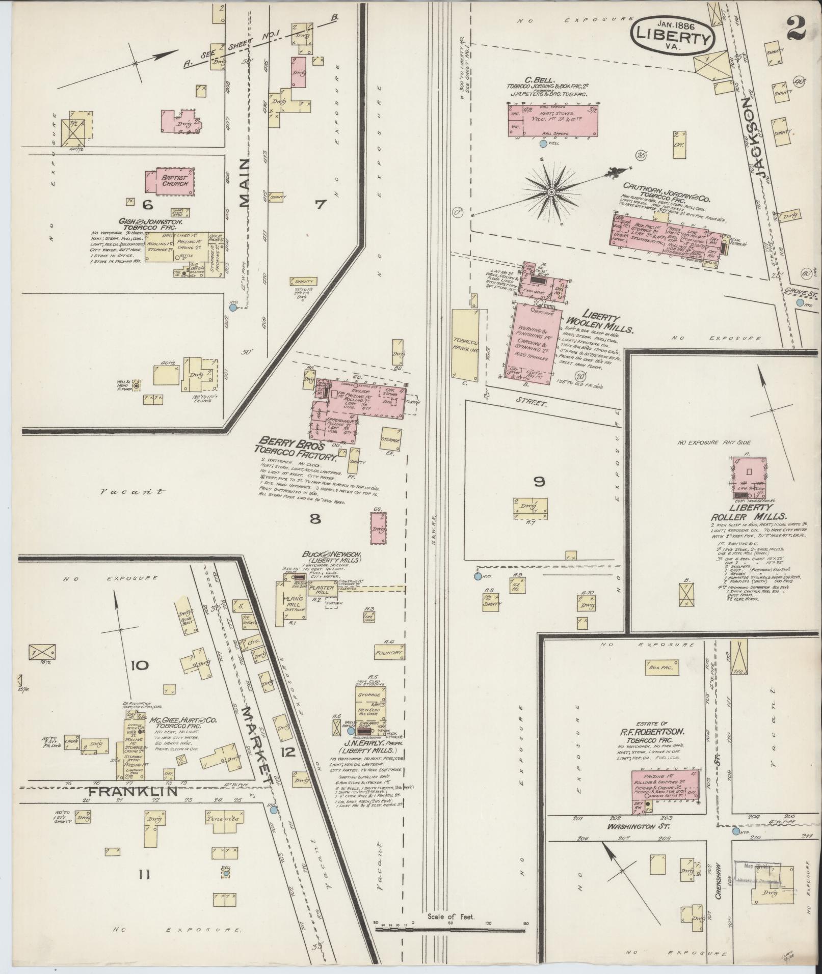 Sanborn Fire Insurance Map from Liberty, Bedford County, Virginia (1886), Sheet #0002 - Complete Map Set gallery image, historic Sanborn map, vintage wall art, Virginia Virginia