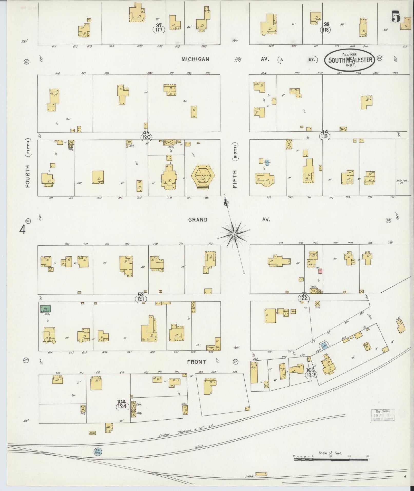 Sanborn Fire Insurance Map from South McAlester, Pittsburg County, Oklahoma (1898), Sheet #0005 - Historic Sanborn Fire Insurance Map Print, vintage old map wall art, antique decor, genealogy gift, Oklahoma Oklahoma map