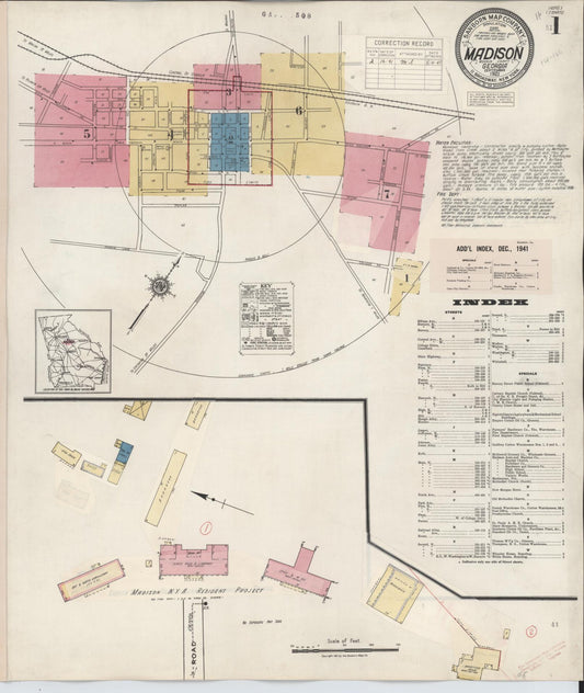Sanborn Fire Insurance Map from Madison, Morgan County, Georgia (1941), Sheet #0001 - Historic Sanborn Fire Insurance Map Print, vintage old map wall art, antique decor, genealogy gift, Georgia Georgia map