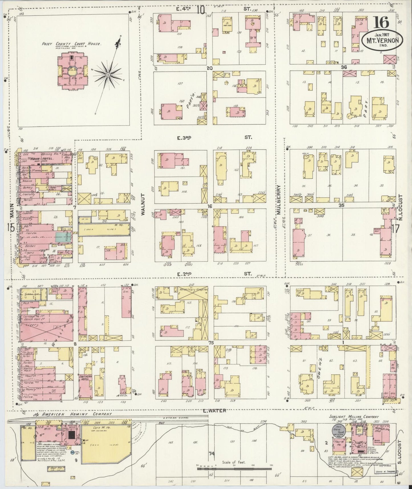 Sanborn Fire Insurance Map from Mount Vernon, Posey County, Indiana (1907), Sheet #0016 - Historic Sanborn Fire Insurance Map Print, vintage old map wall art, antique decor, genealogy gift, Indiana Indiana map