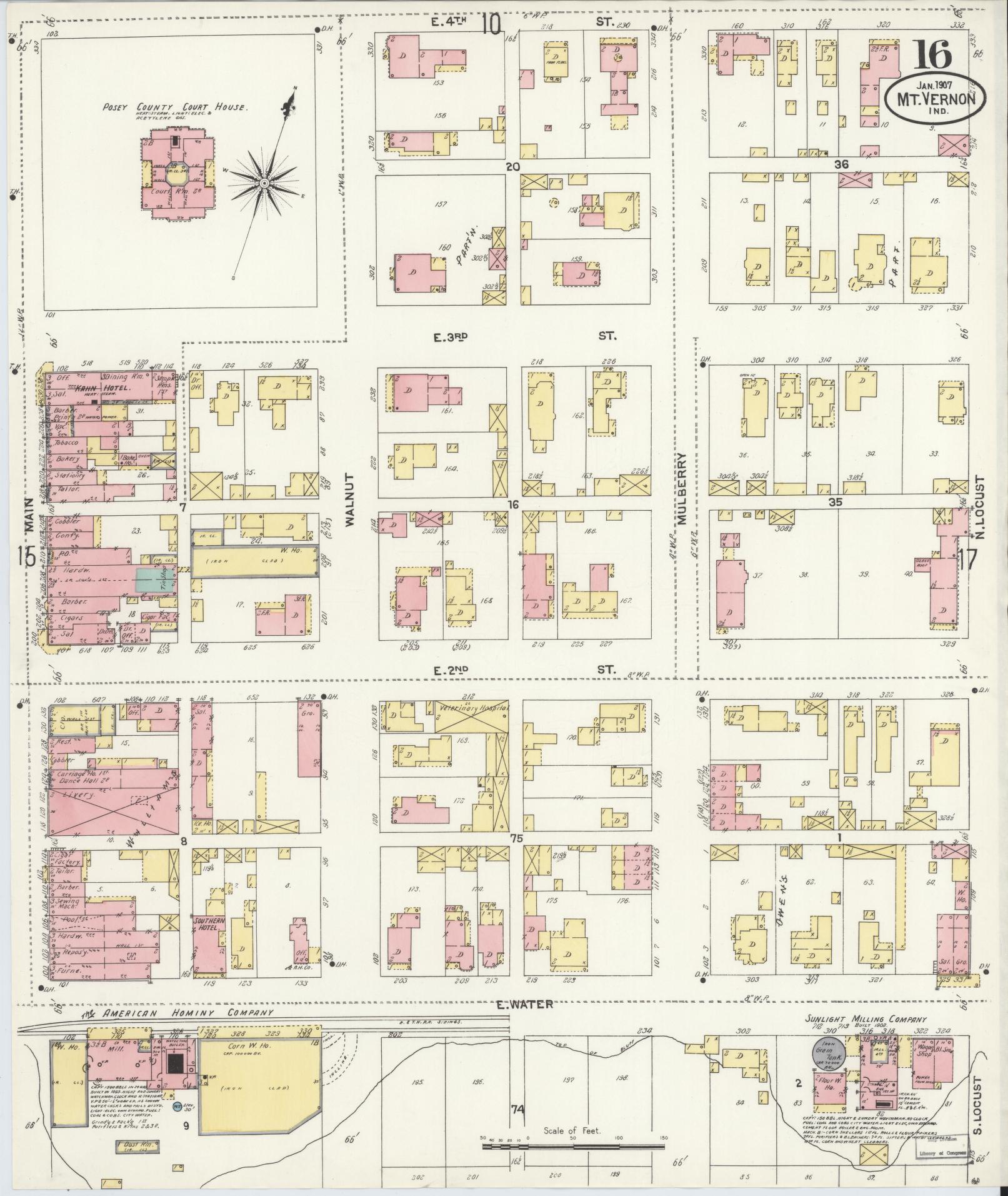 Sanborn Fire Insurance Map from Mount Vernon, Posey County, Indiana (1907), Sheet #0016 - Historic Sanborn Fire Insurance Map Print, vintage old map wall art, antique decor, genealogy gift, Indiana Indiana map