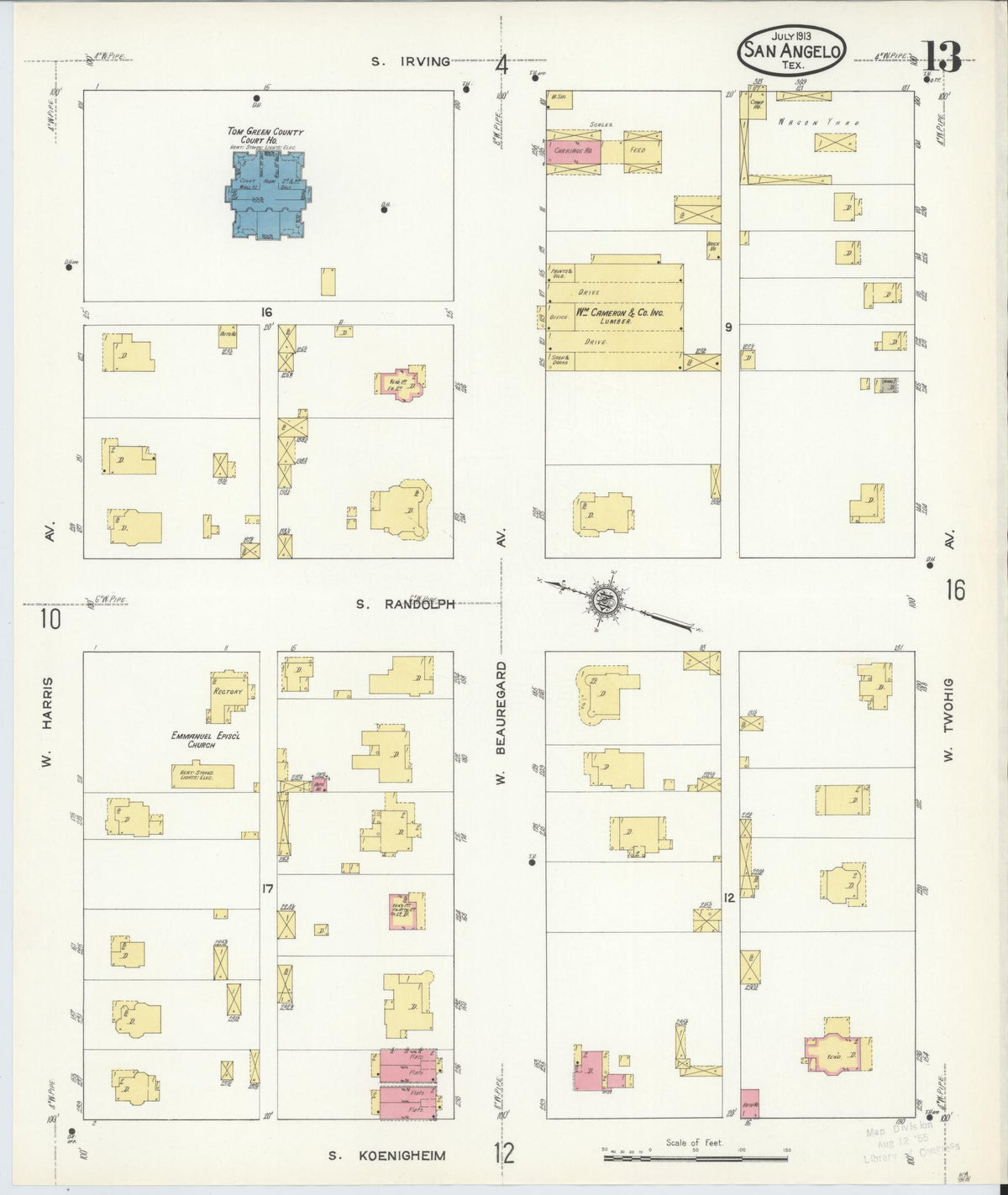 Sanborn Fire Insurance Map from San Angelo, Tom Green County, Texas (1913), Sheet #0013 - Historic Sanborn Fire Insurance Map Print, vintage old map wall art, antique decor, genealogy gift, Texas Texas map