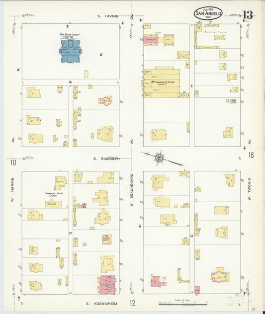 Sanborn Fire Insurance Map from San Angelo, Tom Green County, Texas (1913), Sheet #0013 - Historic Sanborn Fire Insurance Map Print, vintage old map wall art, antique decor, genealogy gift, Texas Texas map
