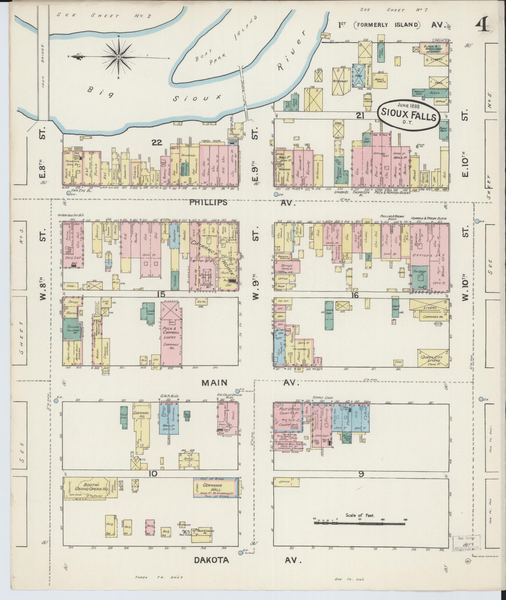 Sanborn Fire Insurance Map from Sioux Falls, Minnehaha County, South Dakota (1888), Sheet #0004 - Complete Map Set gallery image, historic Sanborn map, vintage wall art, South Dakota South Dakota