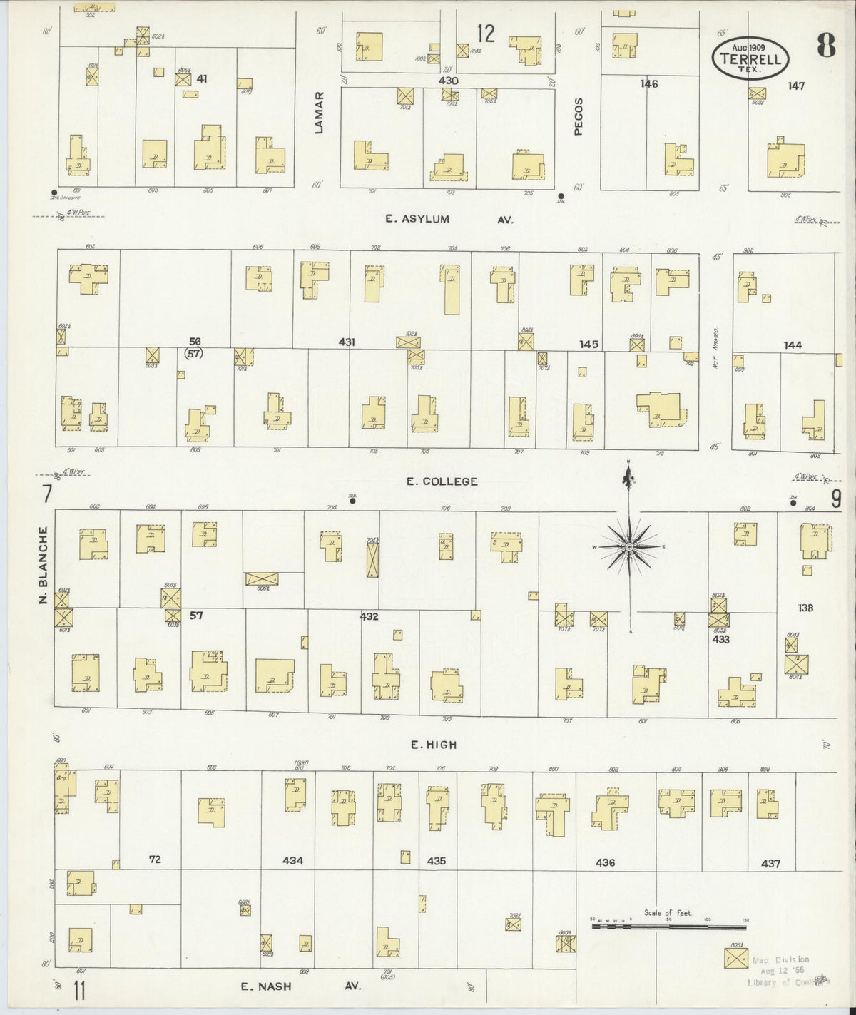 Sanborn Fire Insurance Map from Terrell, Kaufman County, Texas (1909), Sheet #0008 - Complete Map Set gallery image, historic Sanborn map, vintage wall art, Texas Texas