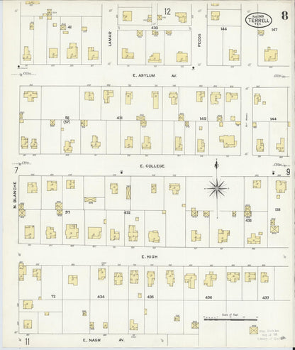 Sanborn Fire Insurance Map from Terrell, Kaufman County, Texas (1909), Sheet #0008 - Complete Map Set gallery image, historic Sanborn map, vintage wall art, Texas Texas