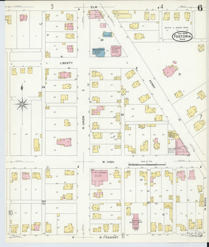 Sanborn Fire Insurance Map from Fostoria, Seneca, Hancock, And Wood Counties, Ohio (1908), Sheet #0006 - Historic Sanborn Fire Insurance Map Print, vintage old map wall art, antique decor, genealogy gift, Ohio Ohio map