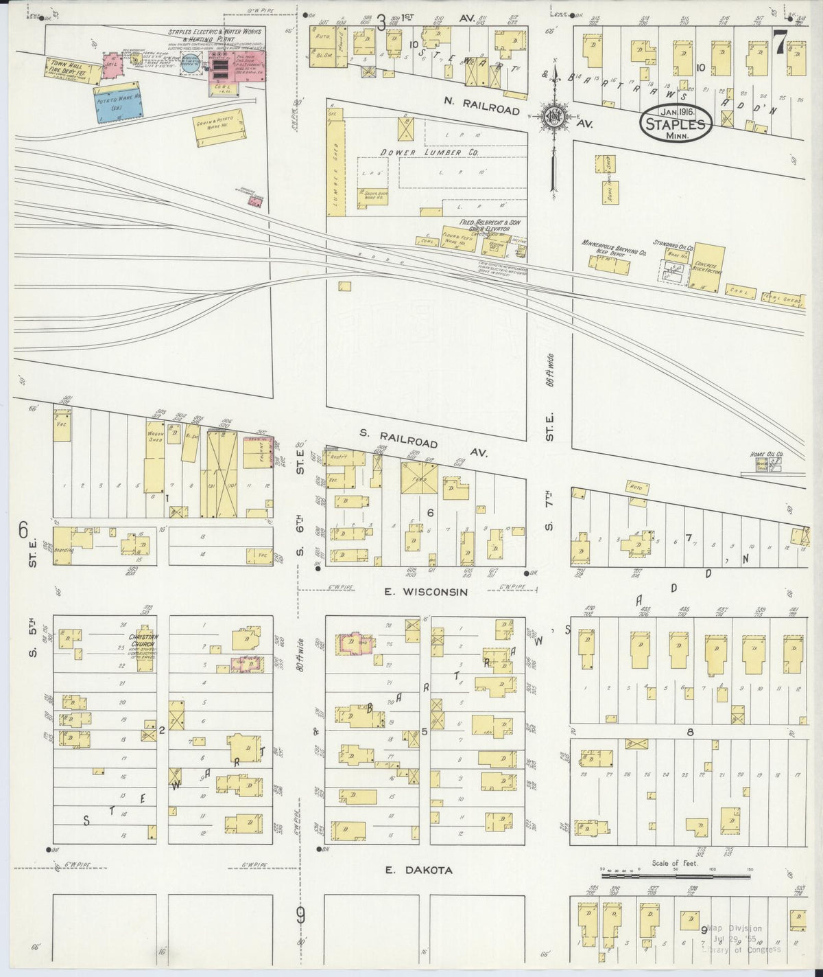 Sanborn Fire Insurance Map from Staples, Todd County, Minnesota (1916), Sheet #0007 - Historic Sanborn Fire Insurance Map Print, vintage old map wall art, antique decor, genealogy gift, Minnesota Minnesota map
