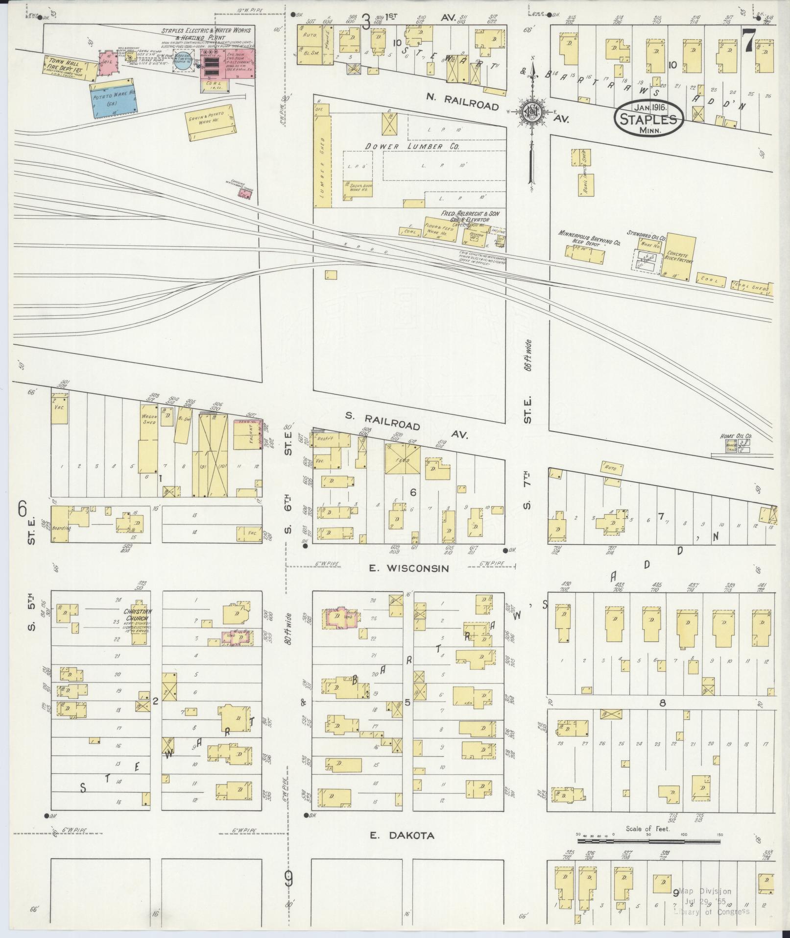 Sanborn Fire Insurance Map from Staples, Todd County, Minnesota (1916), Sheet #0007 - Historic Sanborn Fire Insurance Map Print, vintage old map wall art, antique decor, genealogy gift, Minnesota Minnesota map