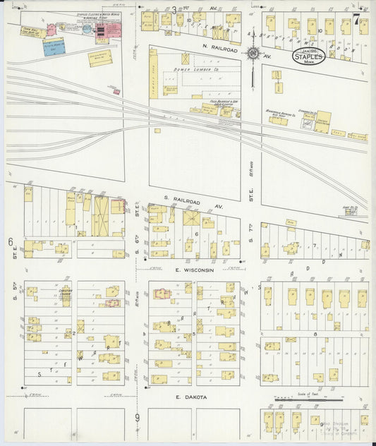 Sanborn Fire Insurance Map from Staples, Todd County, Minnesota (1916), Sheet #0007 - Historic Sanborn Fire Insurance Map Print, vintage old map wall art, antique decor, genealogy gift, Minnesota Minnesota map