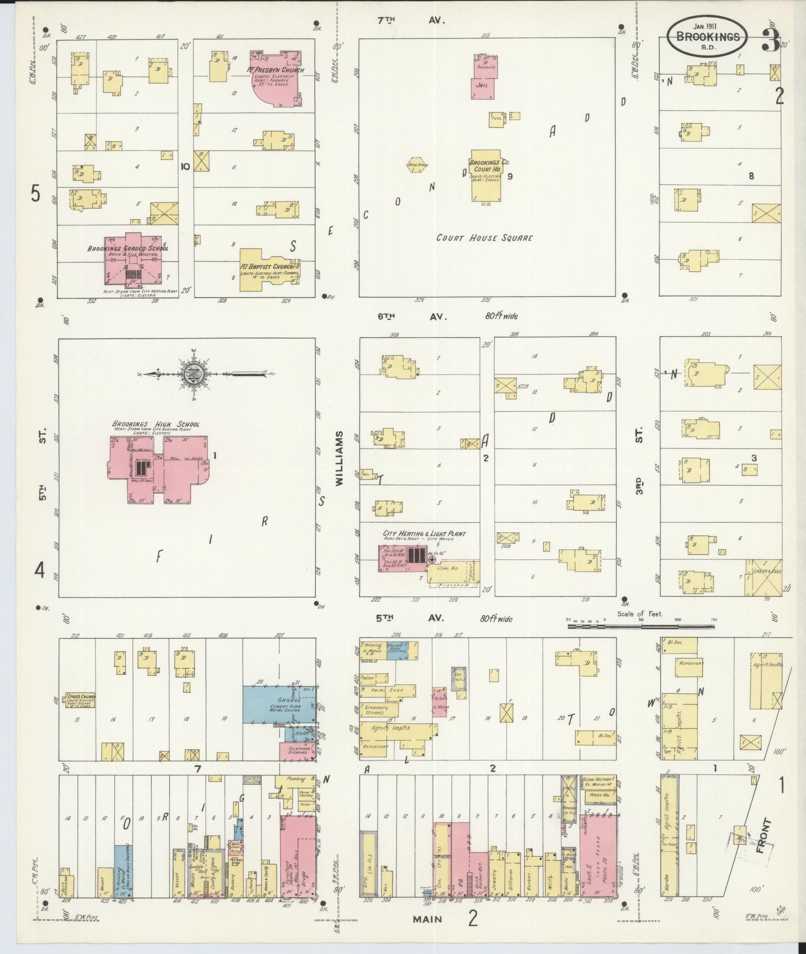 Sanborn Fire Insurance Map from Brookings, Brookings County, South Dakota (1911), Sheet #0003 - Historic Sanborn Fire Insurance Map Print, vintage old map wall art, antique decor, genealogy gift, South Dakota South Dakota map