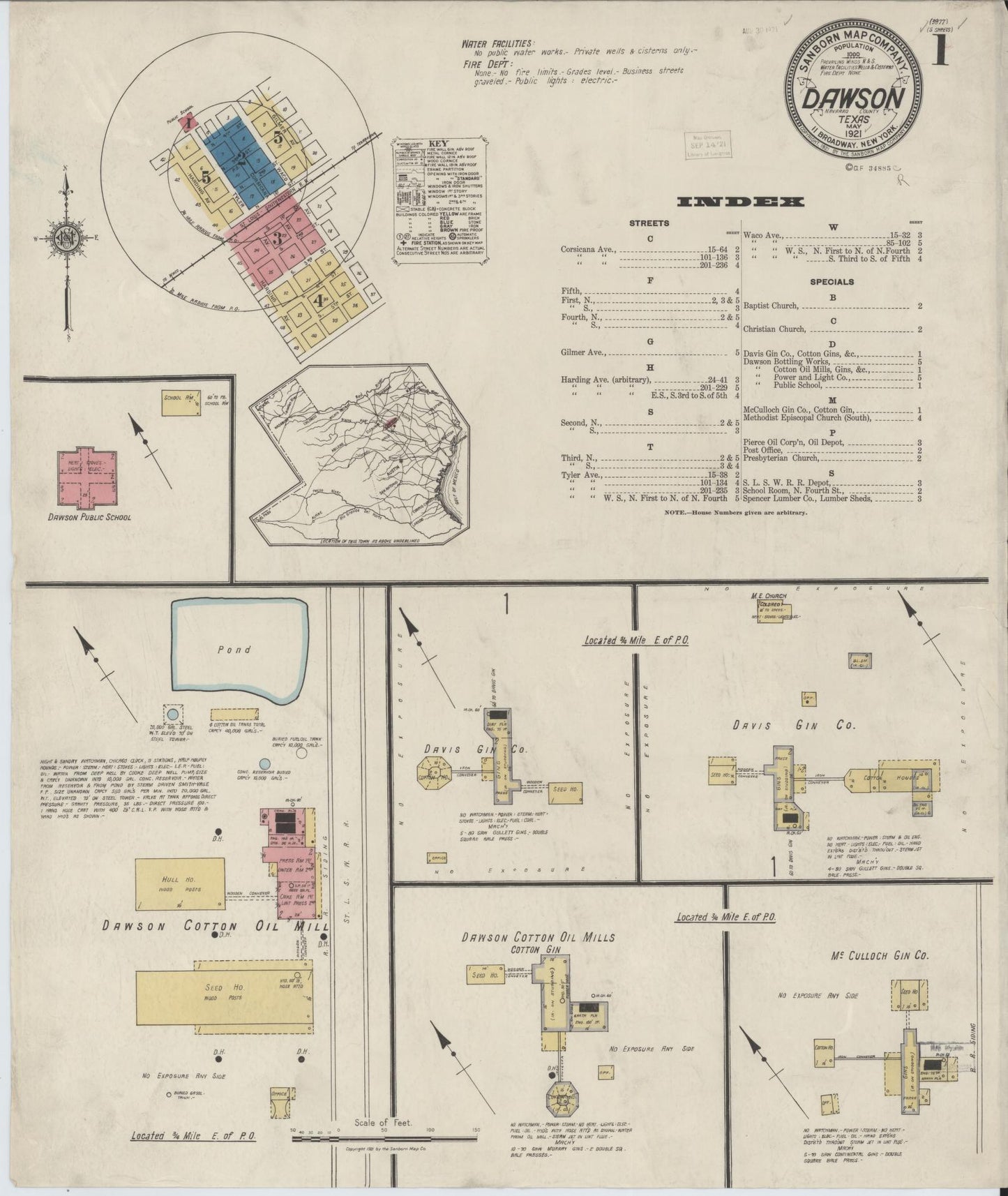 Sanborn Fire Insurance Map from Dawson, Navarro County, Texas (1921), Sheet #0001 - Historic Sanborn Fire Insurance Map Print, vintage old map wall art, antique decor, genealogy gift, Texas Texas map