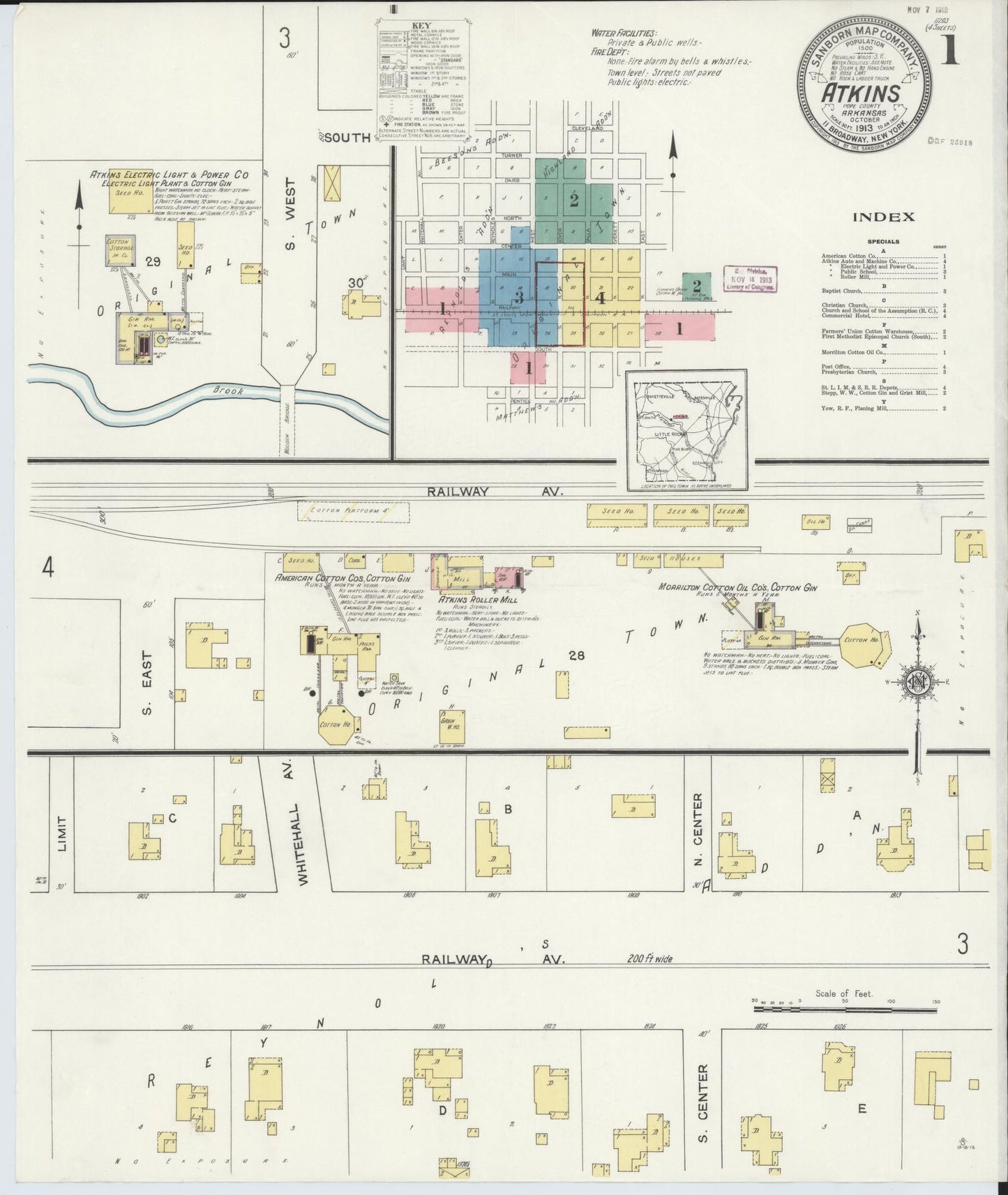 Sanborn Fire Insurance Map from Atkins, Pope County, Arkansas (1913), Sheet #0001 - Complete Map Set gallery image, historic Sanborn map, vintage wall art, Arkansas Arkansas
