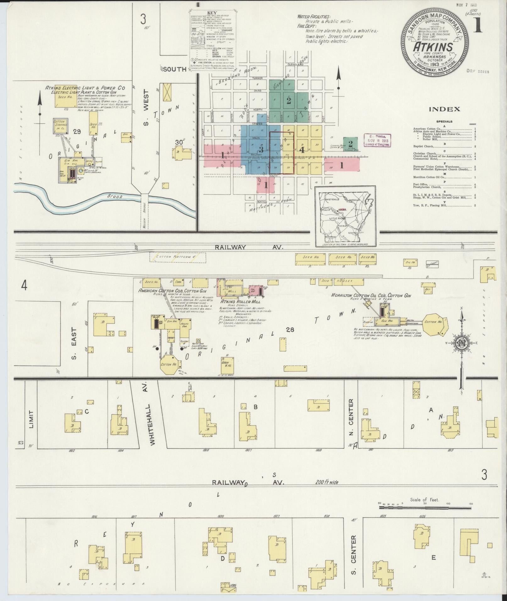 Sanborn Fire Insurance Map from Atkins, Pope County, Arkansas (1913), Sheet #0001 - Complete Map Set gallery image, historic Sanborn map, vintage wall art, Arkansas Arkansas