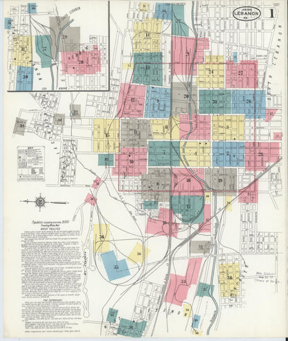 Sanborn Fire Insurance Map from Lebanon, Lebanon County, Pennsylvania (1912), Sheet #0001 - Historic Sanborn Fire Insurance Map Print, vintage old map wall art, antique decor, genealogy gift, Pennsylvania Pennsylvania map