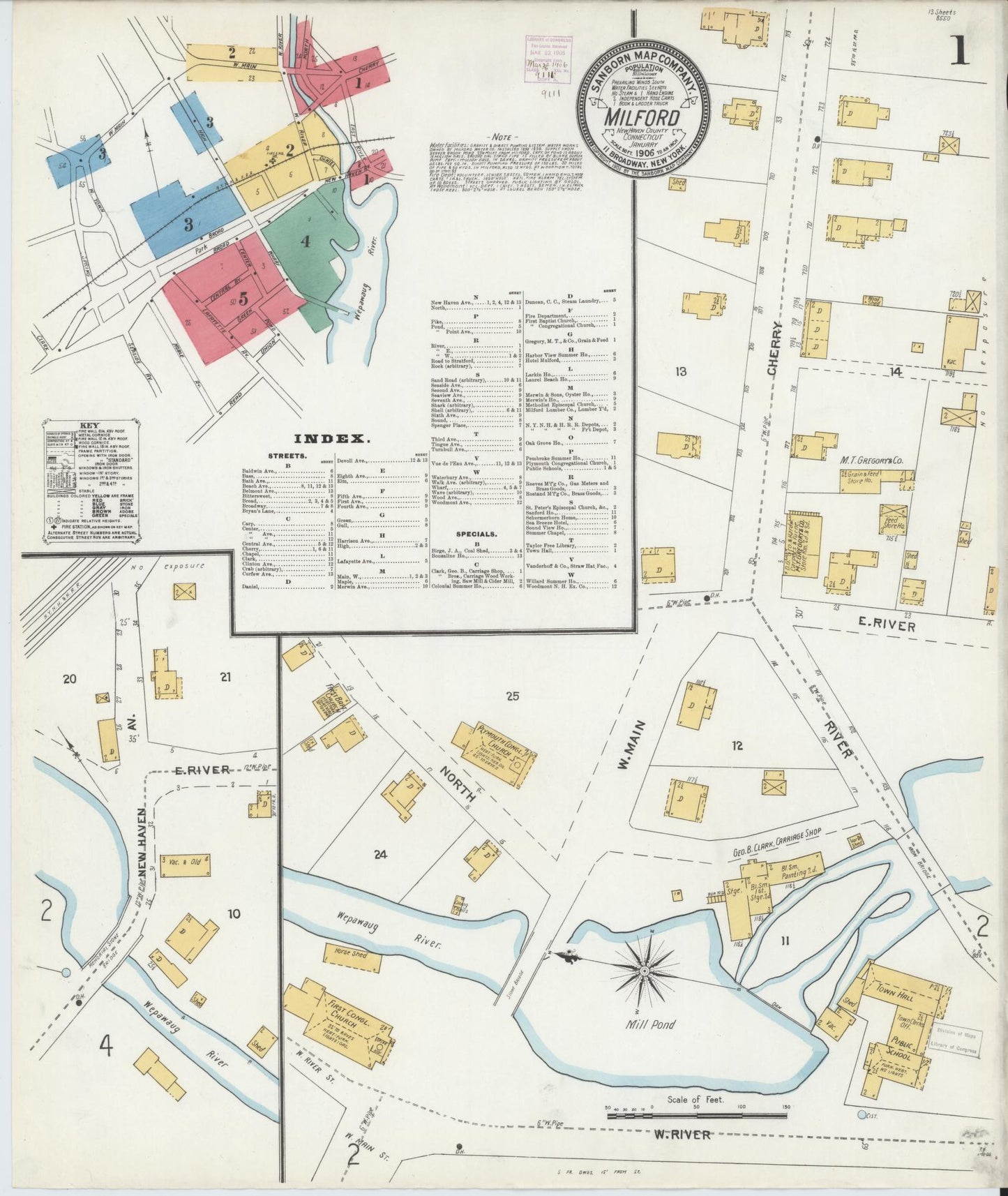Sanborn Fire Insurance Map from Milford, New Haven County, Connecticut (1906), Sheet #0001 - Complete Map Set gallery image, historic Sanborn map, vintage wall art, Connecticut Connecticut