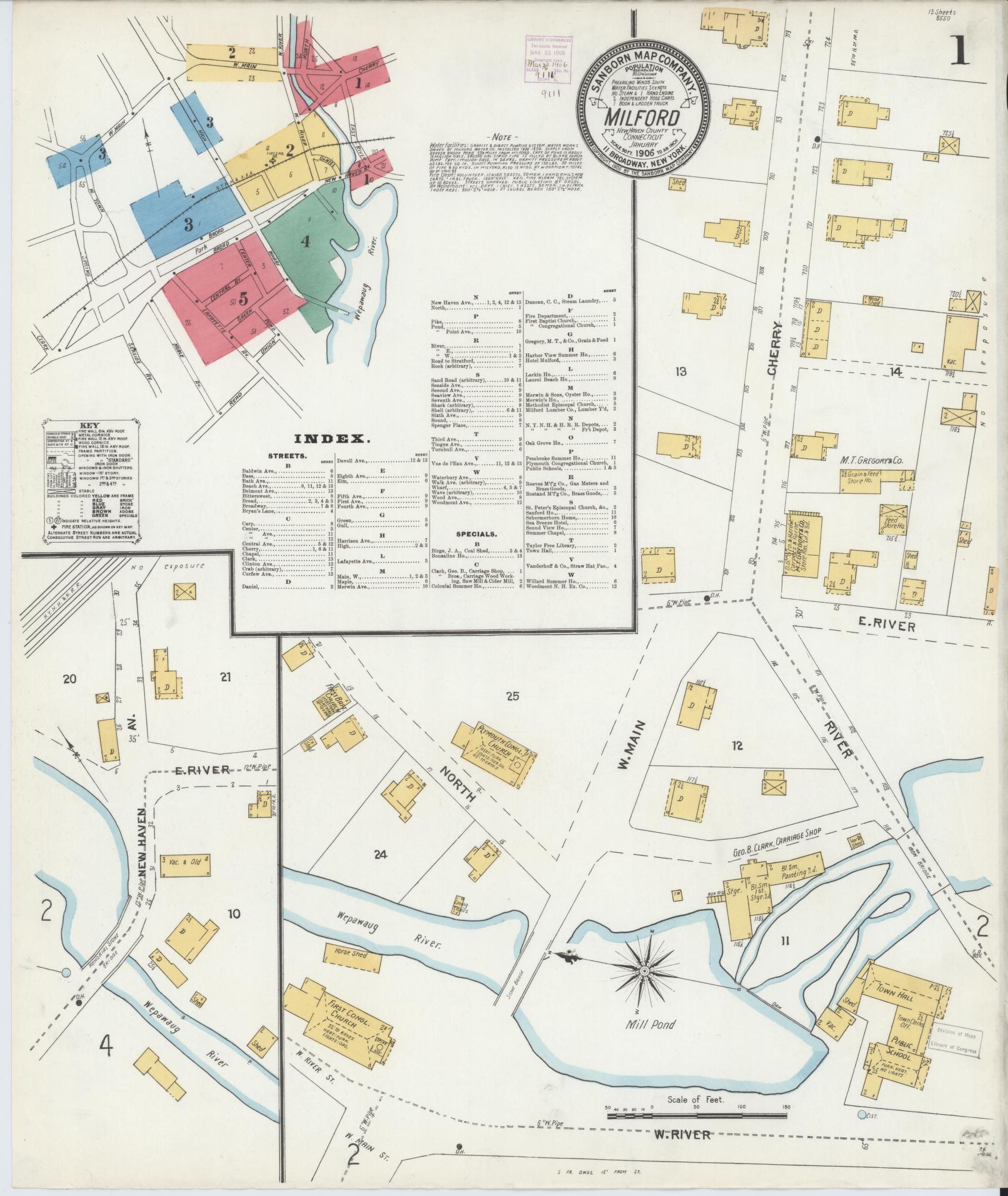 Sanborn Fire Insurance Map from Milford, New Haven County, Connecticut (1906), Sheet #0001 - Complete Map Set gallery image, historic Sanborn map, vintage wall art, Connecticut Connecticut