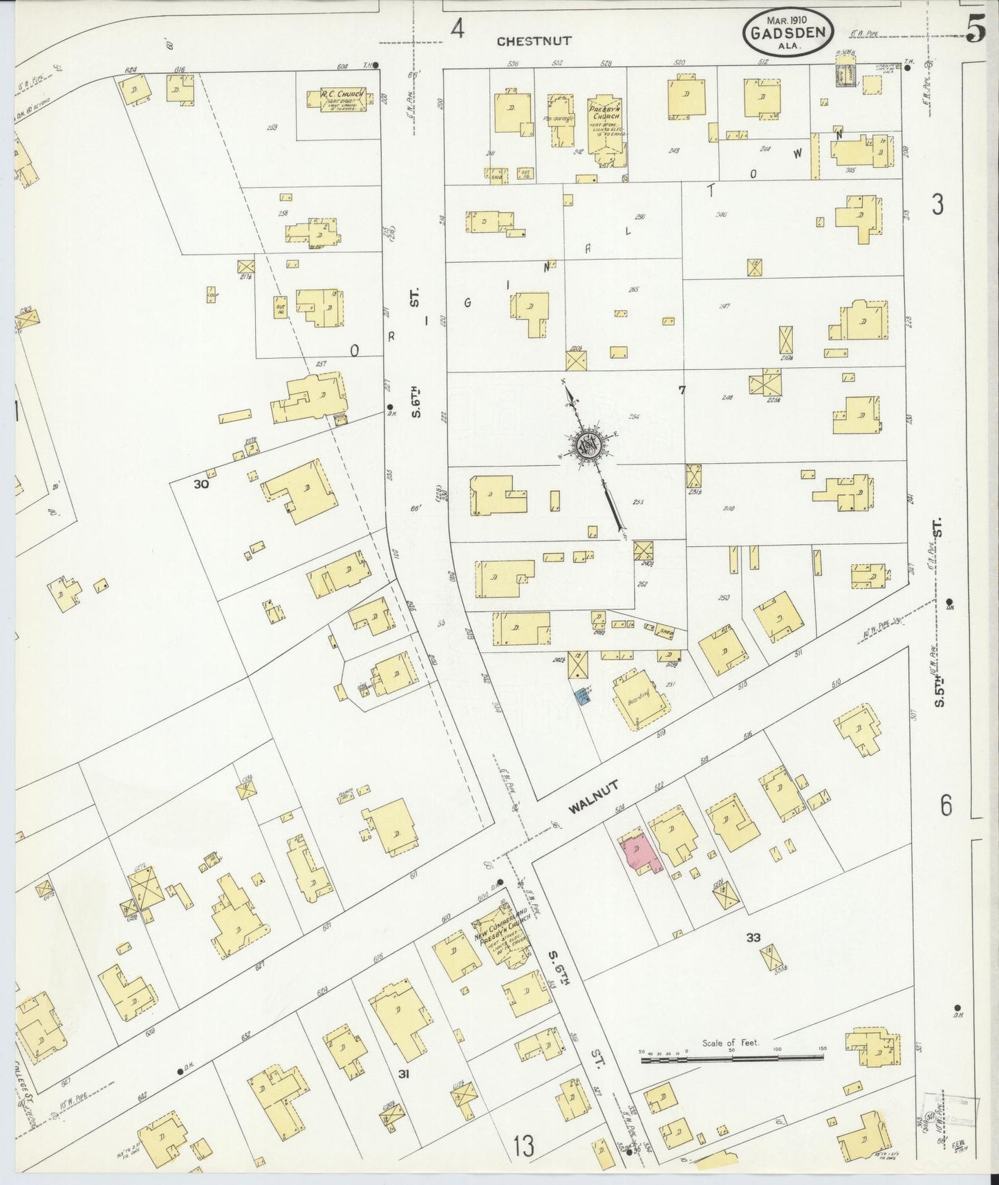 Sanborn Fire Insurance Map from Gadsden, Etowah County, Alabama (1910), Sheet #0005 - Complete Map Set gallery image, historic Sanborn map, vintage wall art, Alabama Alabama