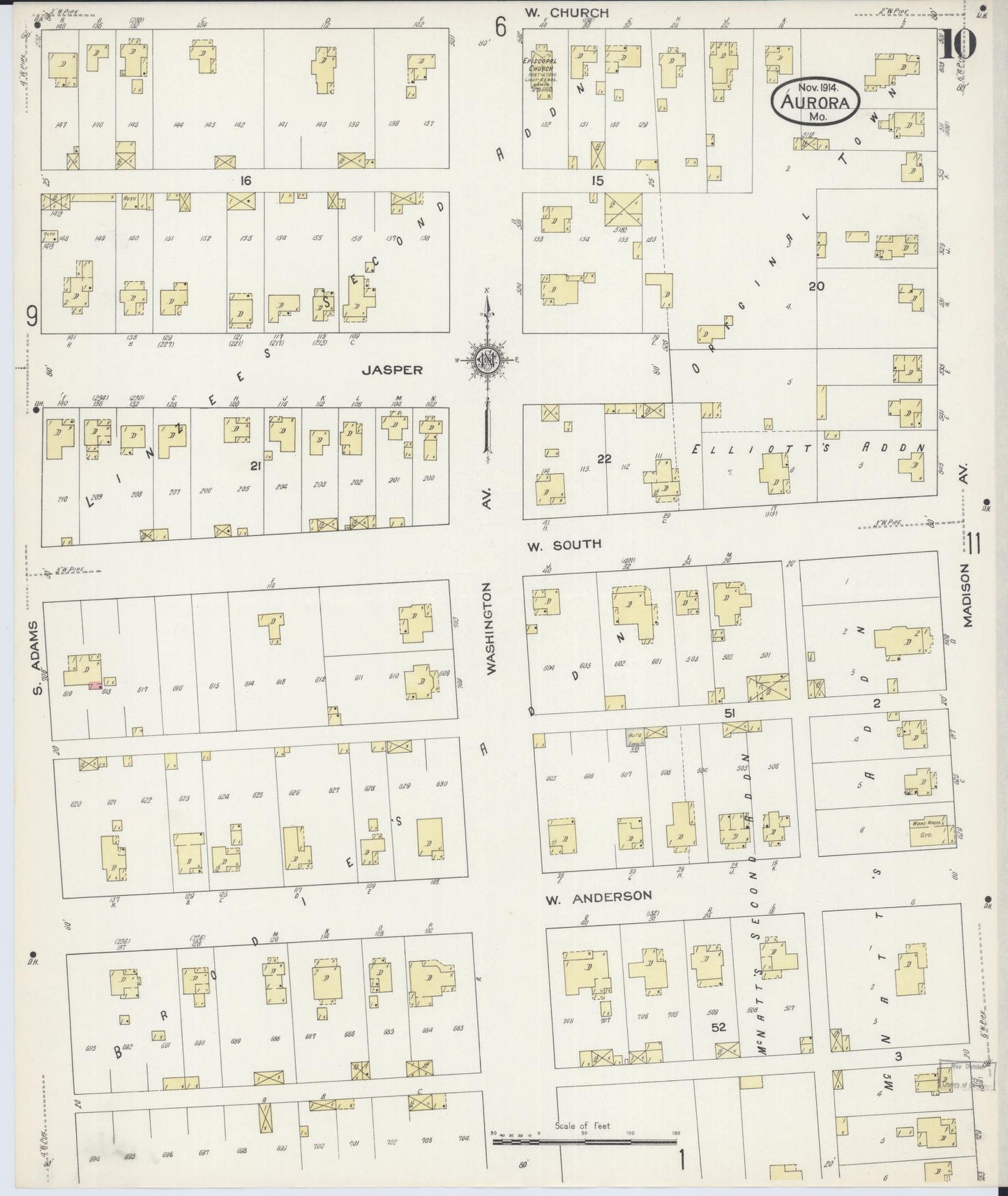 Sanborn Fire Insurance Map from Aurora, Lawrence County, Missouri (1914), Sheet #0010 - Complete Map Set gallery image, historic Sanborn map, vintage wall art, Missouri Missouri