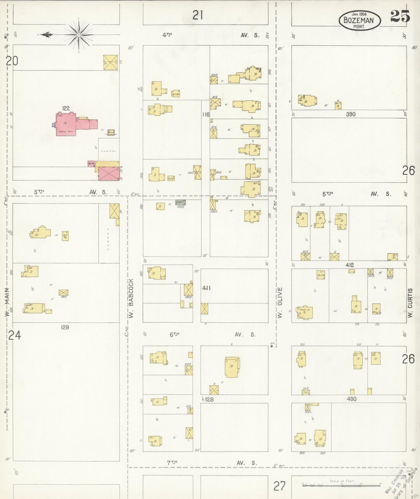 Sanborn Fire Insurance Map from Bozeman, Gallatin County, Montana (1904), Sheet #0025 - Historic Sanborn Fire Insurance Map Print, vintage old map wall art, antique decor, genealogy gift, Montana Montana map