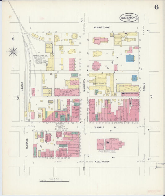 Sanborn Fire Insurance Map from Independence, Jackson County, Missouri (1907), Sheet #0006 - Historic Sanborn Fire Insurance Map Print, vintage old map wall art, antique decor, genealogy gift, Missouri Missouri map