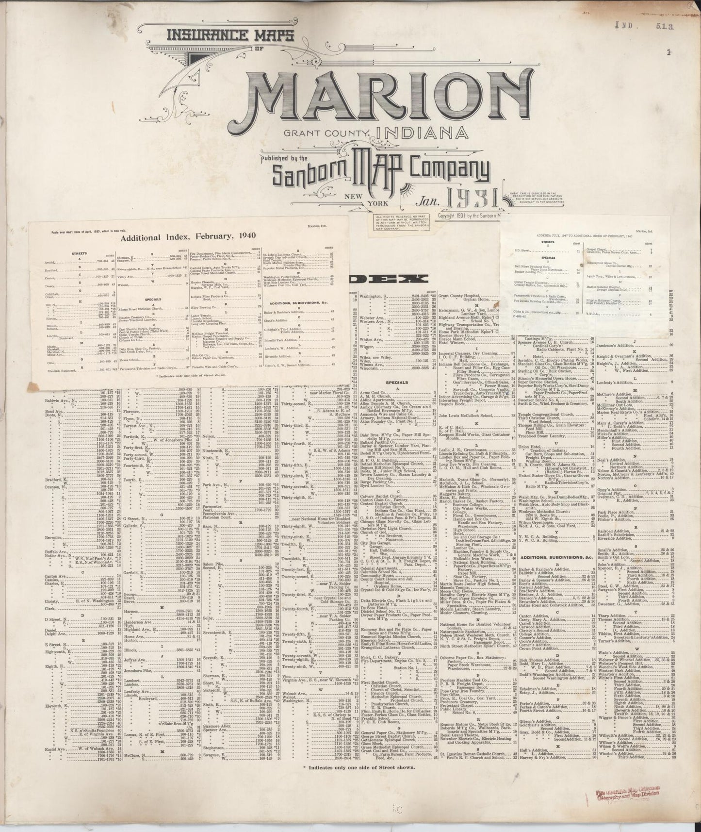 Sanborn Fire Insurance Map from Marion, Grant County, Indiana (1947), Sheet #0001 - Historic Sanborn Fire Insurance Map Print, vintage old map wall art, antique decor, genealogy gift, Indiana Indiana map