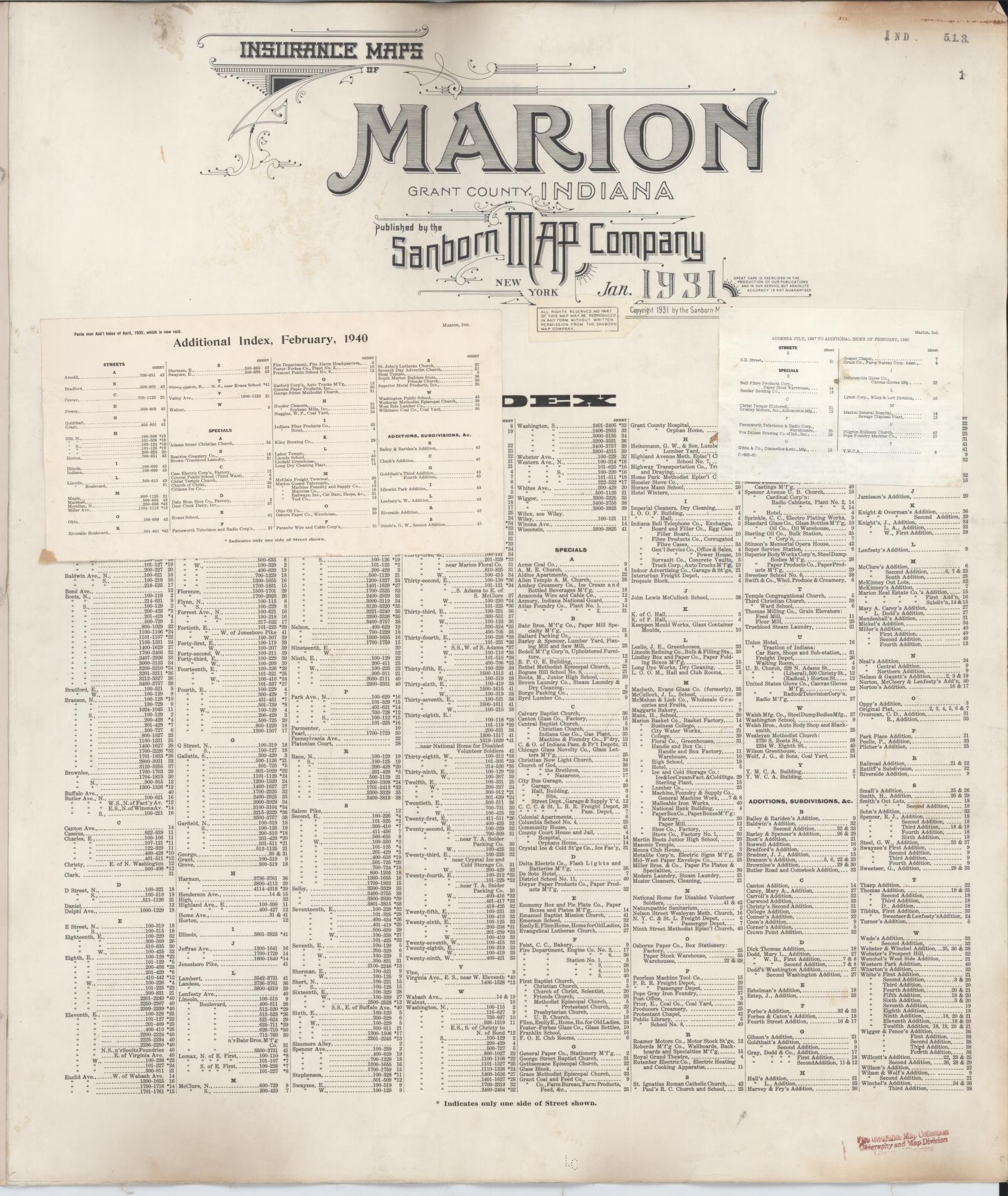 Sanborn Fire Insurance Map from Marion, Grant County, Indiana (1947), Sheet #0001 - Historic Sanborn Fire Insurance Map Print, vintage old map wall art, antique decor, genealogy gift, Indiana Indiana map