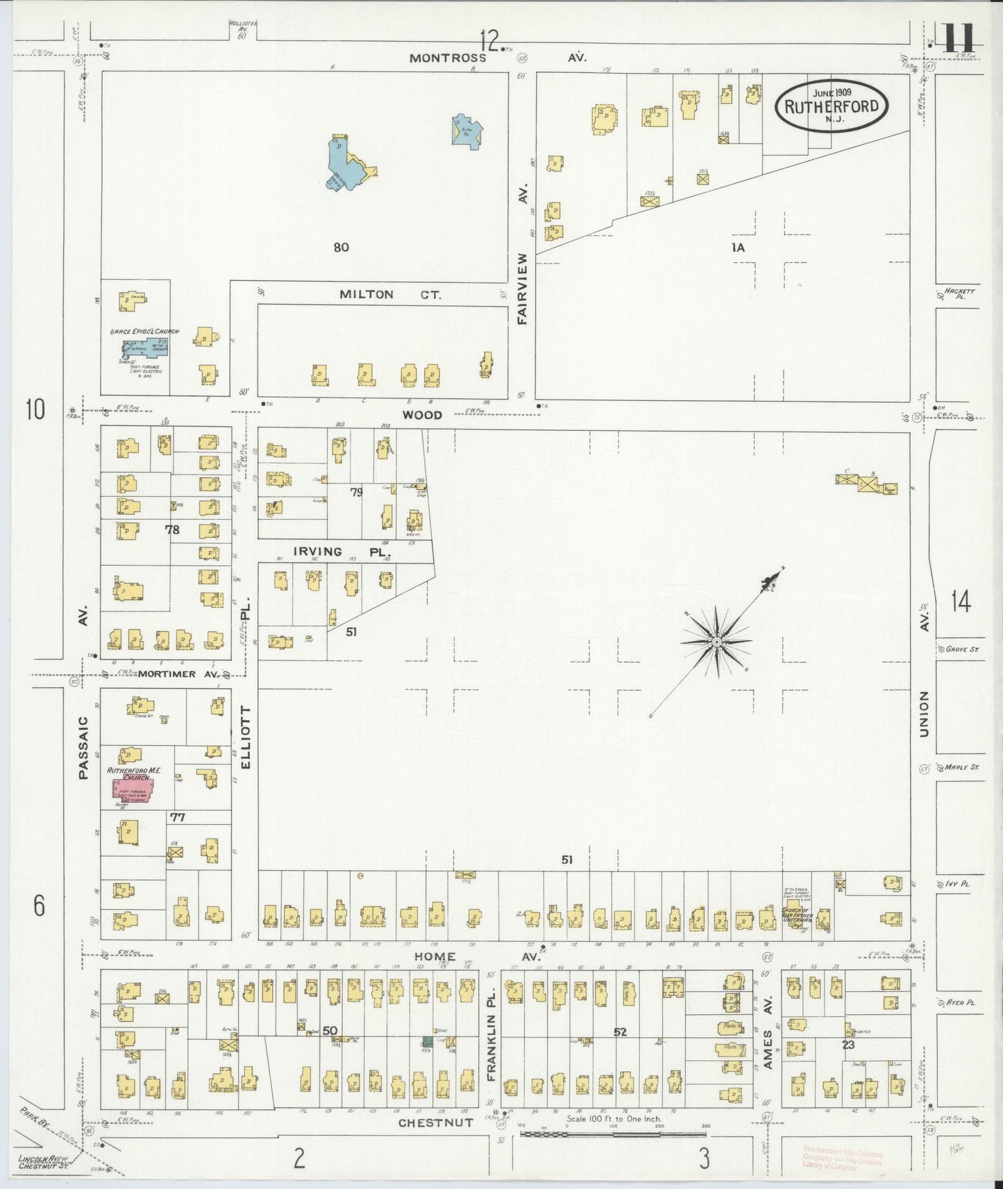 Sanborn Fire Insurance Map from Rutherford, Bergen County, New Jersey (1909), Sheet #0011 - Complete Map Set gallery image, historic Sanborn map, vintage wall art, New Jersey New Jersey