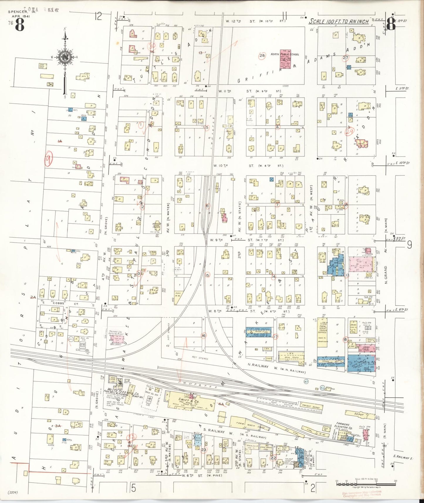 Sanborn Fire Insurance Map from Spencer, Clay County, Iowa (1946), Sheet #0008 - Historic Sanborn Fire Insurance Map Print, vintage old map wall art