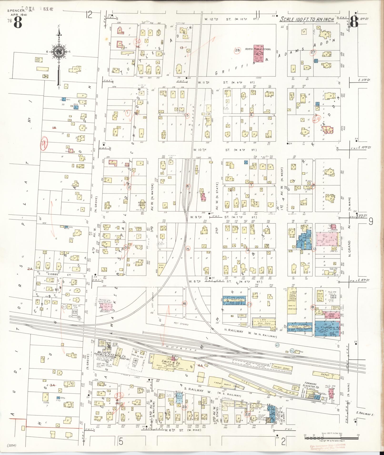 Sanborn Fire Insurance Map from Spencer, Clay County, Iowa (1946), Sheet #0008 - Historic Sanborn Fire Insurance Map Print, vintage old map wall art