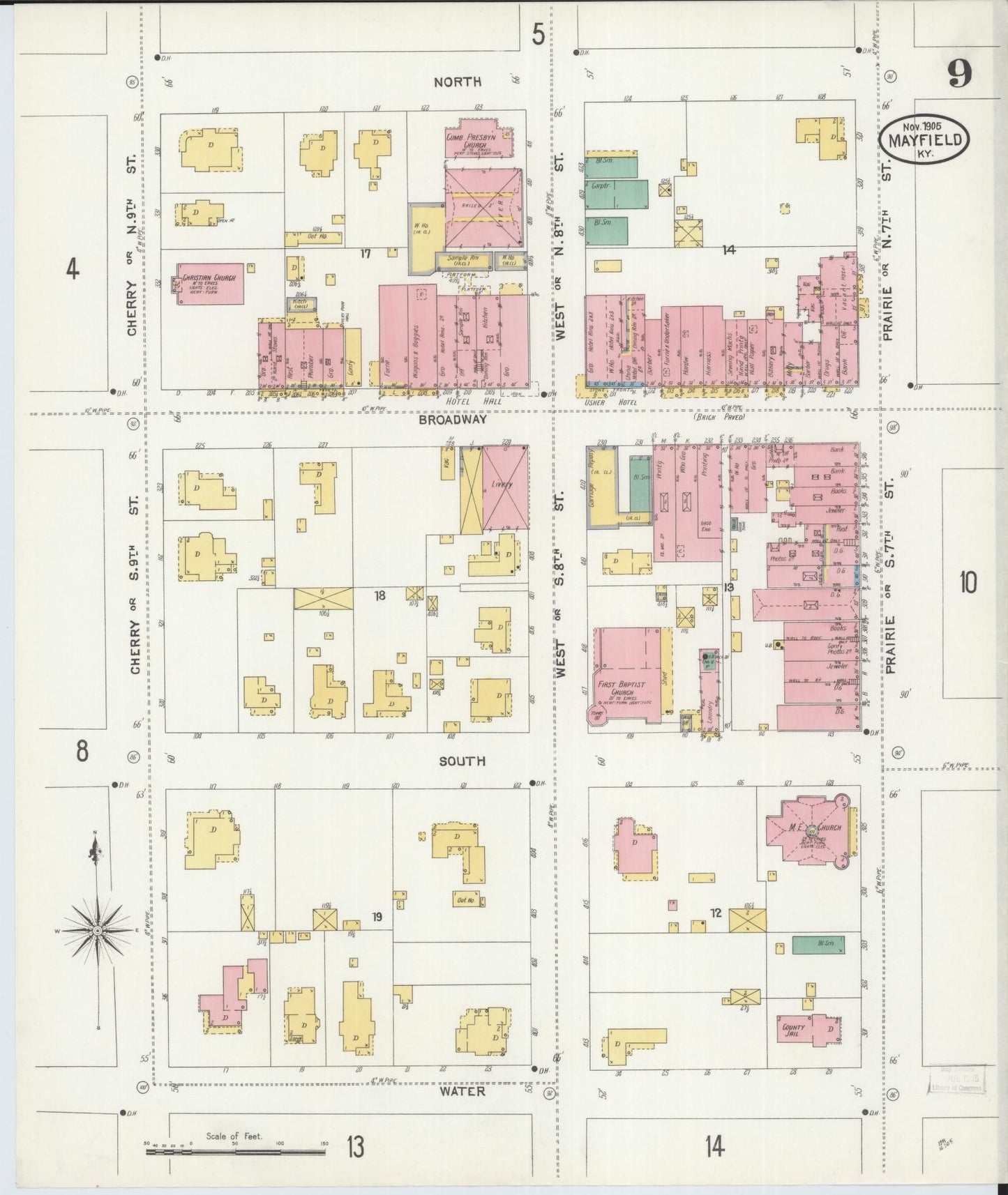 Sanborn Fire Insurance Map from Mayfield, Graves County, Kentucky (1905), Sheet #0009 - Complete Map Set gallery image, historic Sanborn map, vintage wall art, Kentucky Kentucky