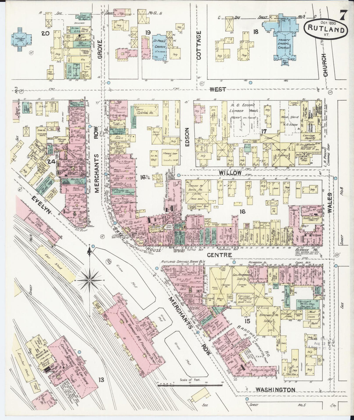 Sanborn Fire Insurance Map from Rutland, Rutland County, Vermont (1890), Sheet #0007 - Historic Sanborn Fire Insurance Map Print, vintage old map wall art, antique decor, genealogy gift, Vermont Vermont map