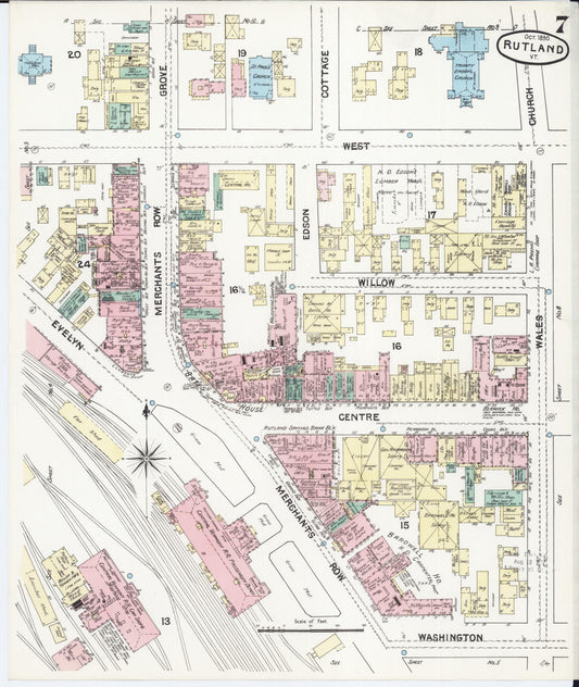 Sanborn Fire Insurance Map from Rutland, Rutland County, Vermont (1890), Sheet #0007 - Historic Sanborn Fire Insurance Map Print, vintage old map wall art, antique decor, genealogy gift, Vermont Vermont map