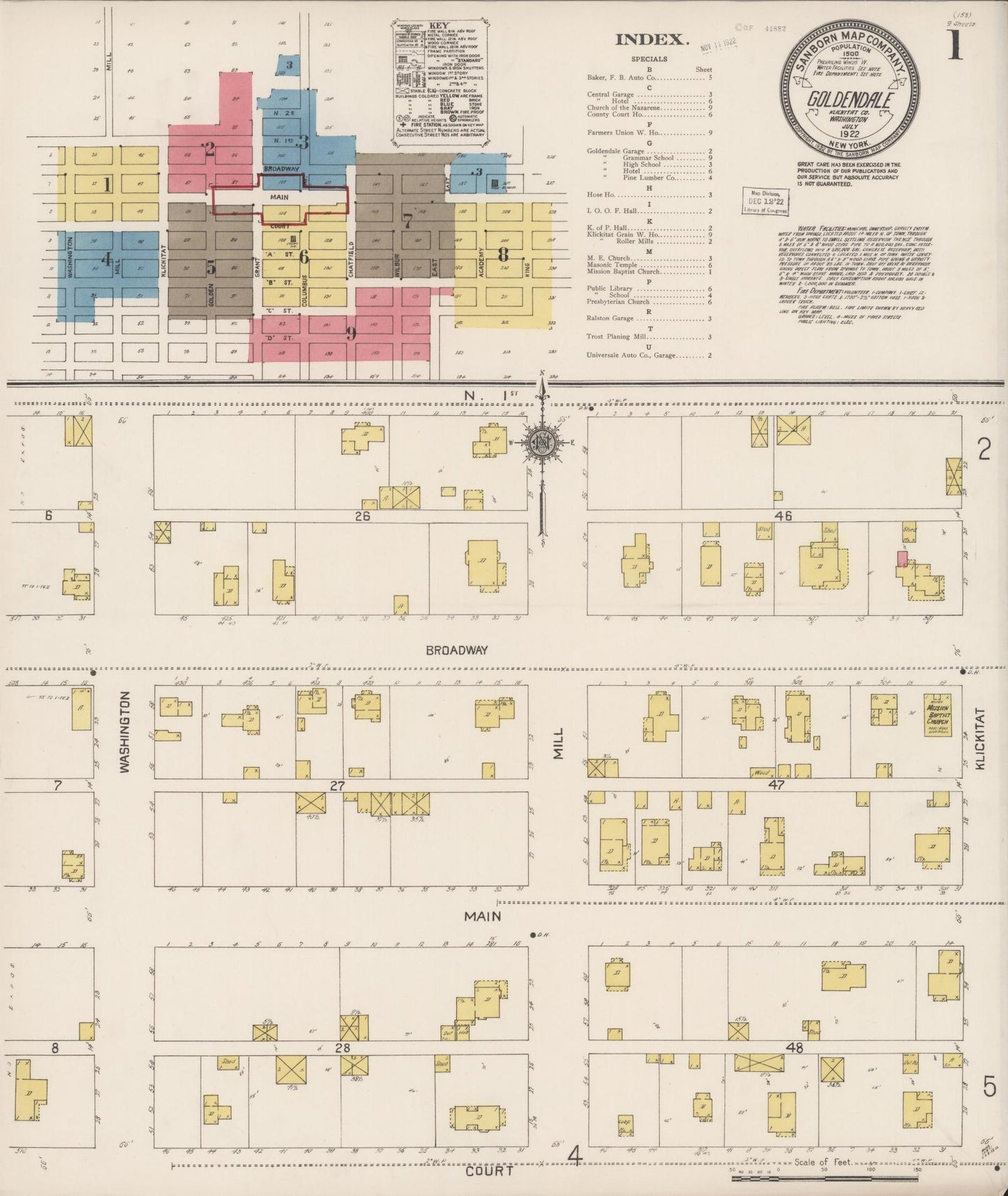 Sanborn Fire Insurance Map from Goldendale, Klickitat County, Washington (1922), Sheet #0001 - Complete Map Set gallery image, historic Sanborn map, vintage wall art, Washington Washington