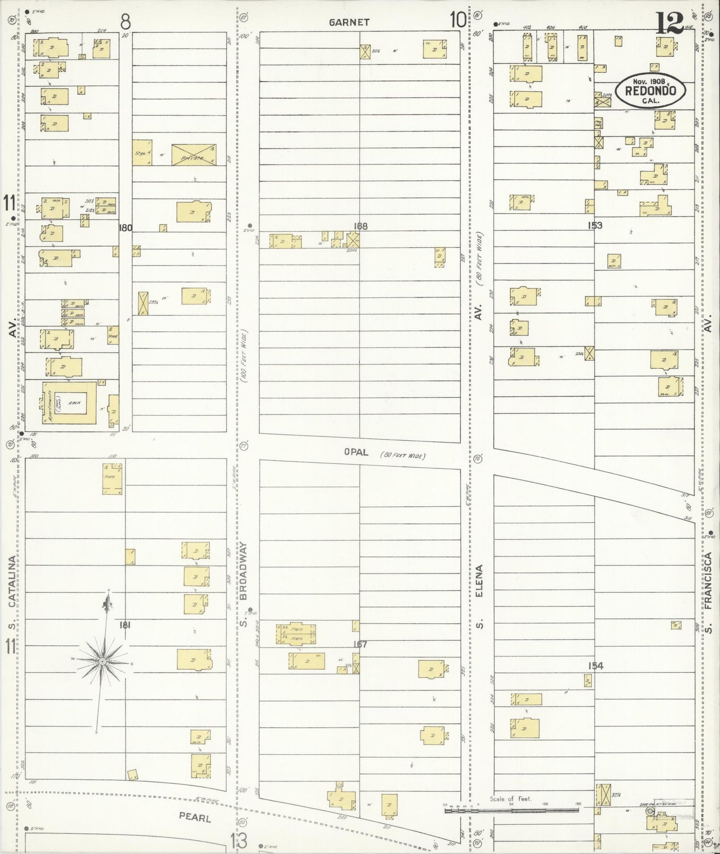 Sanborn Fire Insurance Map from Redondo Beach, Los Angeles County, California (1908), Sheet #0012 - Complete Map Set gallery image, historic Sanborn map, vintage wall art, California California