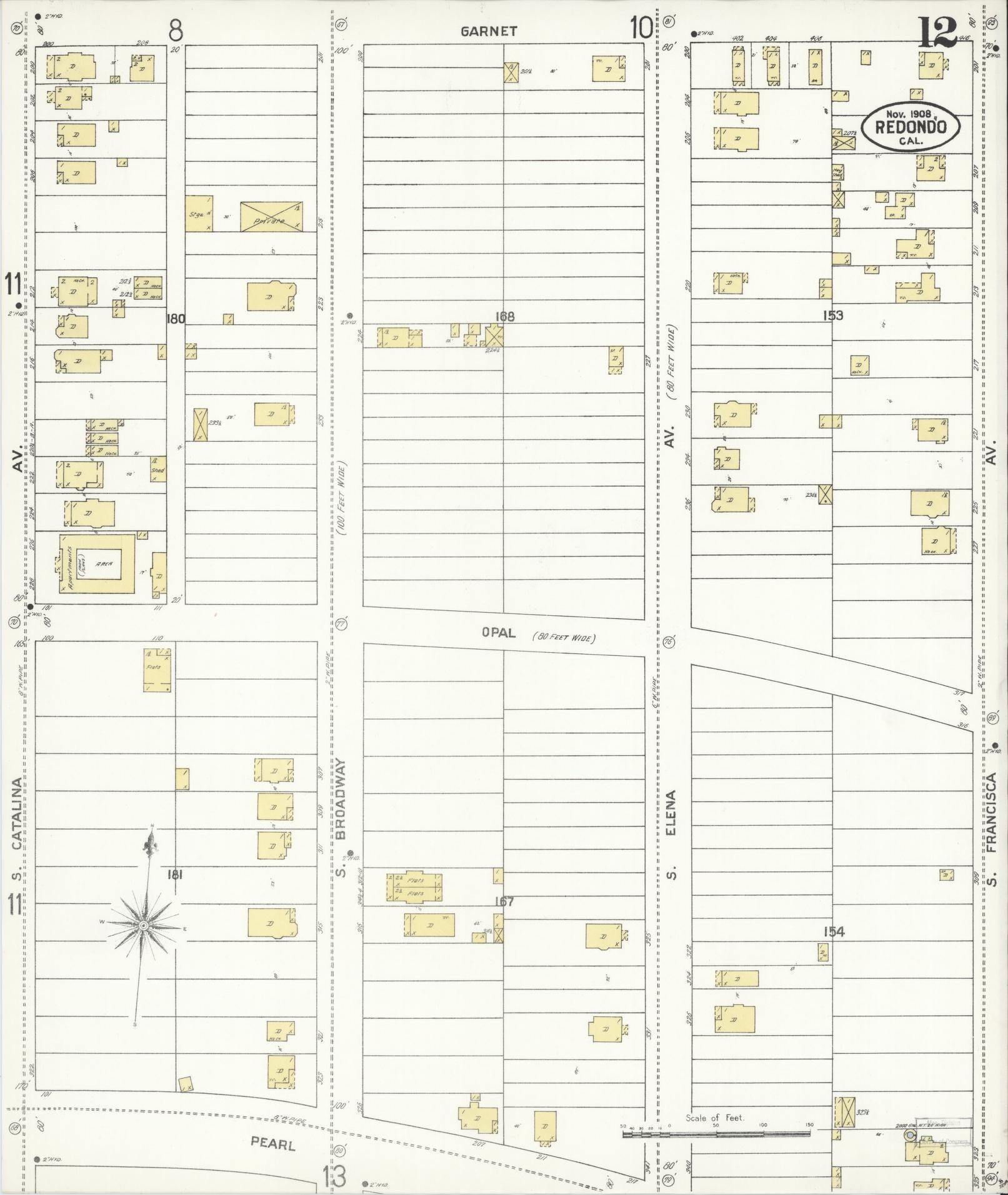 Sanborn Fire Insurance Map from Redondo Beach, Los Angeles County, California (1908), Sheet #0012 - Complete Map Set gallery image, historic Sanborn map, vintage wall art, California California