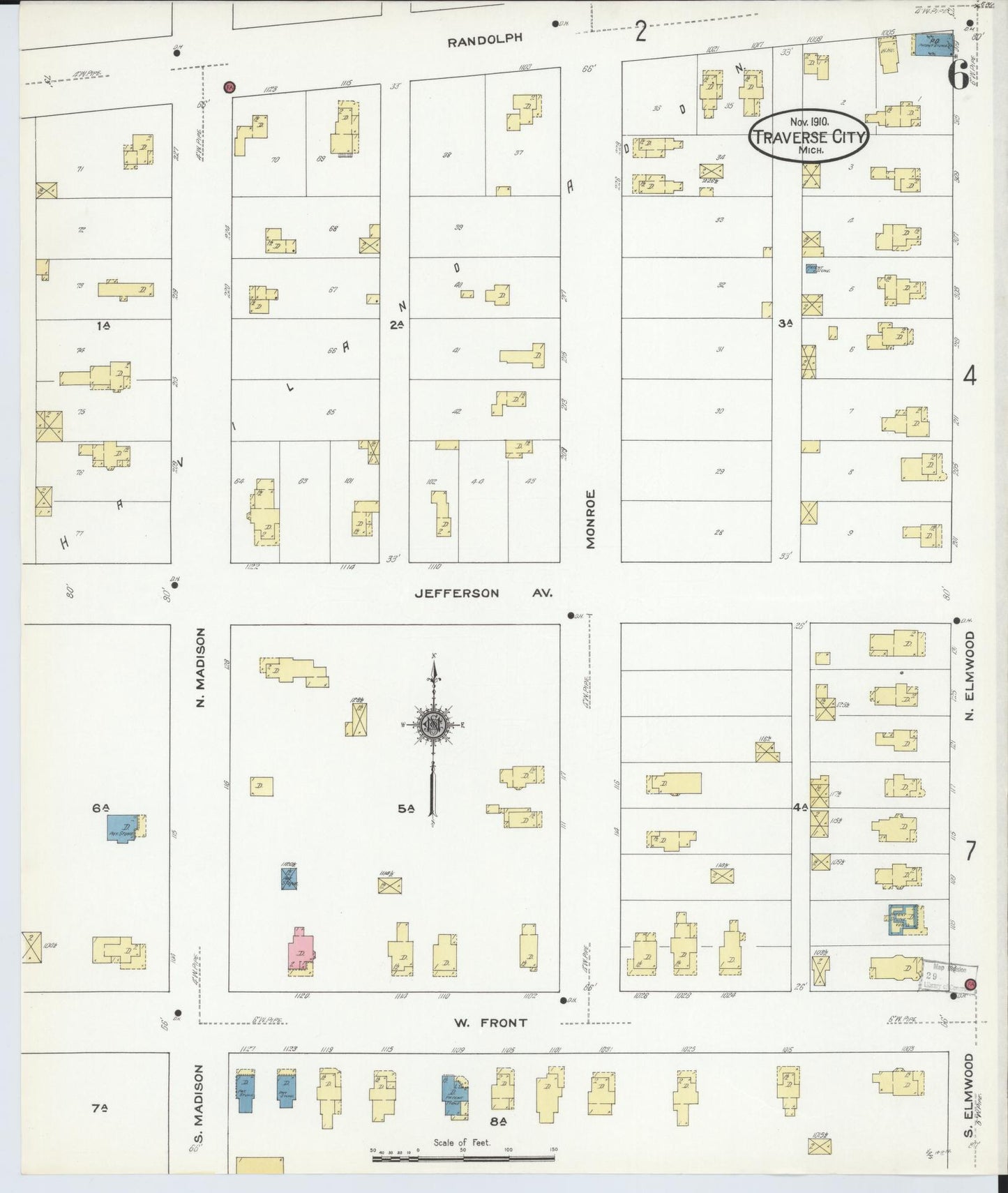 Sanborn Fire Insurance Map from Traverse City, Grand Traverse County, Michigan (1910), Sheet #0006 - Historic Sanborn Fire Insurance Map Print, vintage old map wall art, antique decor, genealogy gift, Michigan Michigan map