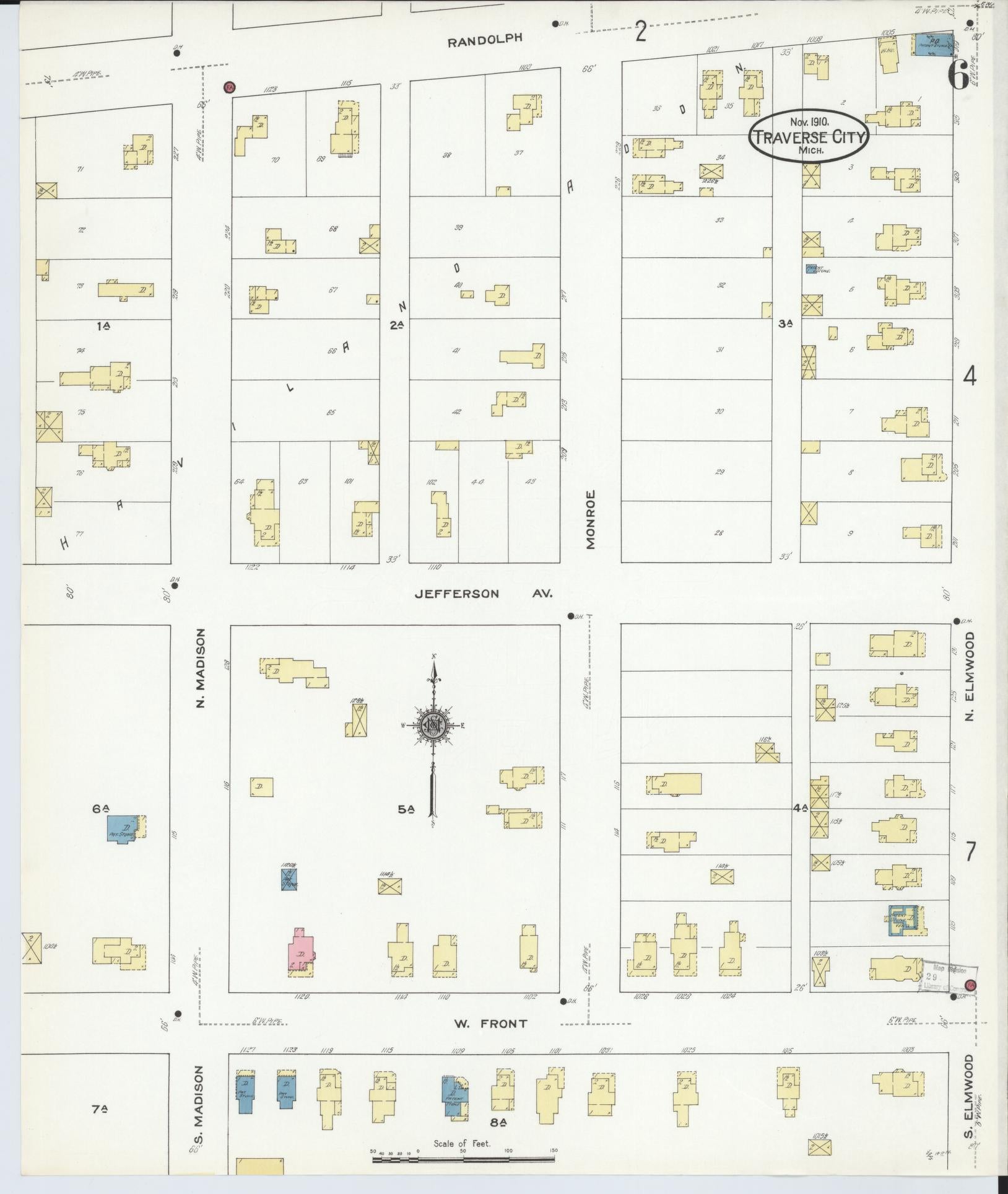 Sanborn Fire Insurance Map from Traverse City, Grand Traverse County, Michigan (1910), Sheet #0006 - Historic Sanborn Fire Insurance Map Print, vintage old map wall art, antique decor, genealogy gift, Michigan Michigan map