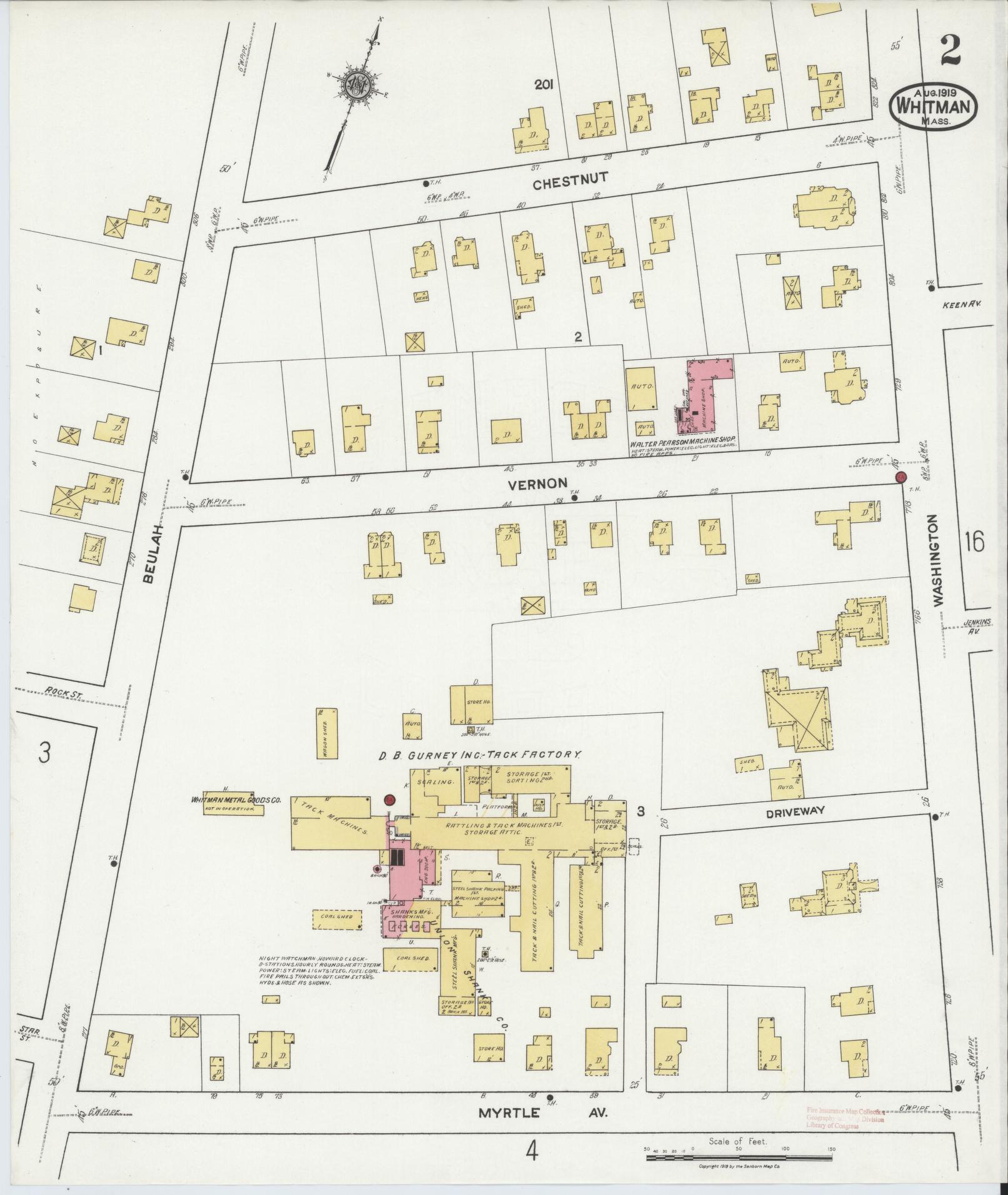 Sanborn Fire Insurance Map from Whitman, Plymouth County, Massachusetts (1919), Sheet #0002 - Complete Map Set gallery image, historic Sanborn map, vintage wall art, Massachusetts Massachusetts