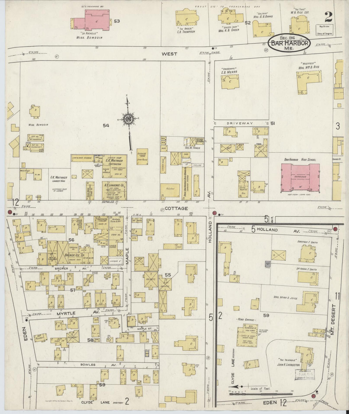 Sanborn Fire Insurance Map from Bar Harbor, Hancock County, Maine (1916), Sheet #0002 - Historic Sanborn Fire Insurance Map Print, vintage old map wall art, antique decor, genealogy gift, Maine Maine map