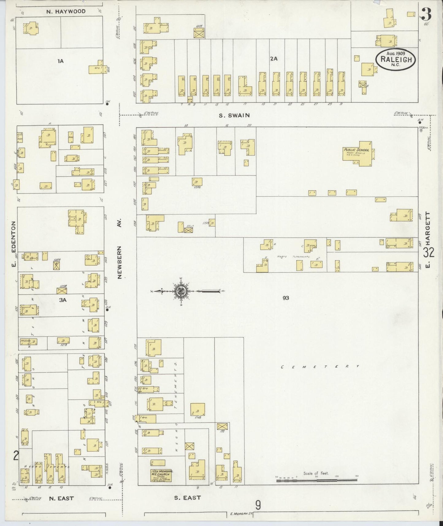Sanborn Fire Insurance Map from Raleigh, Wake County, North Carolina (1909), Sheet #0003 - Historic Sanborn Fire Insurance Map Print, vintage old map wall art, antique decor, genealogy gift, North Carolina North Carolina map