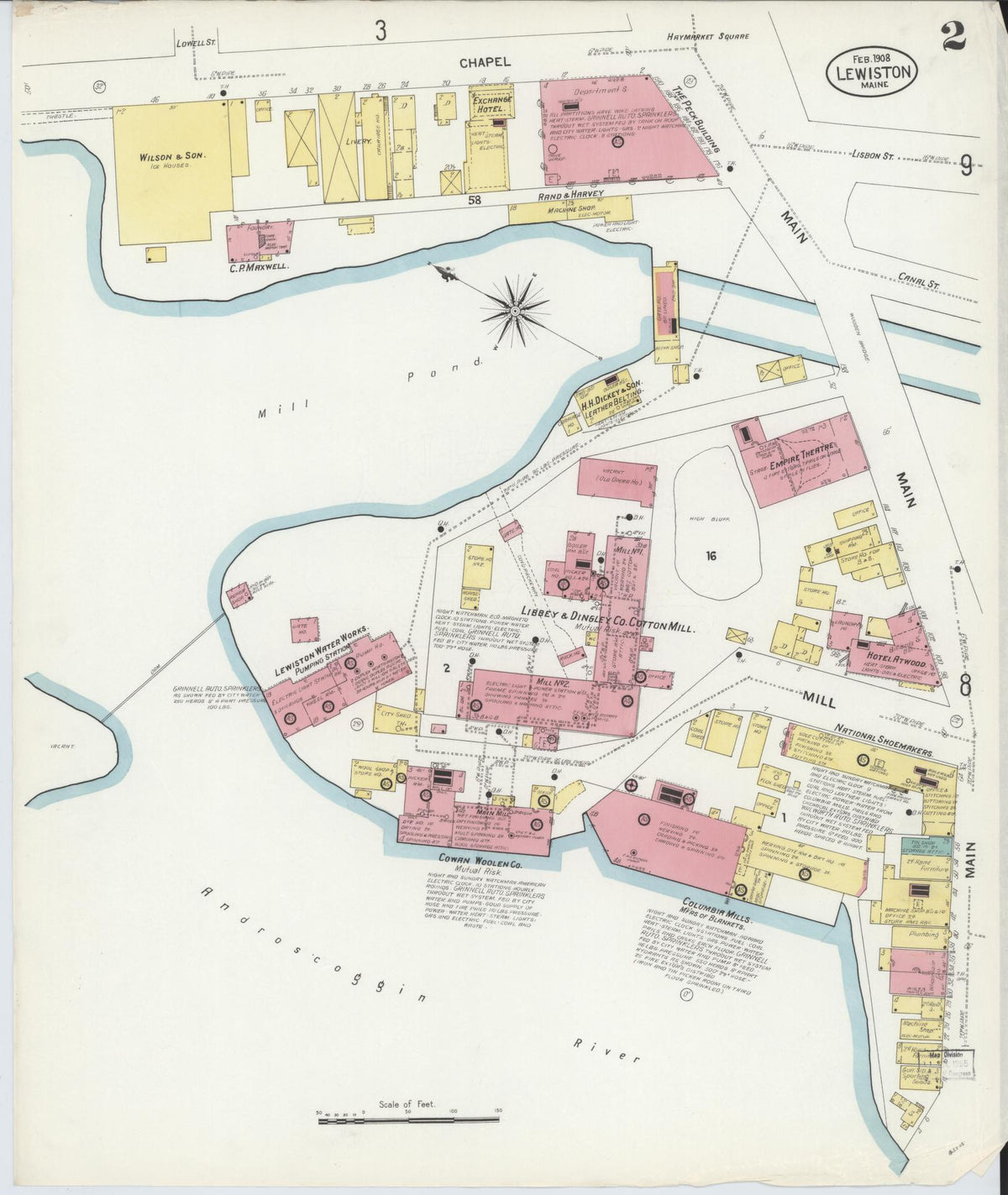 Sanborn Fire Insurance Map from Lewiston, Androscoggin County, Maine (1908), Sheet #0002 - Complete Map Set gallery image, historic Sanborn map, vintage wall art, Maine Maine